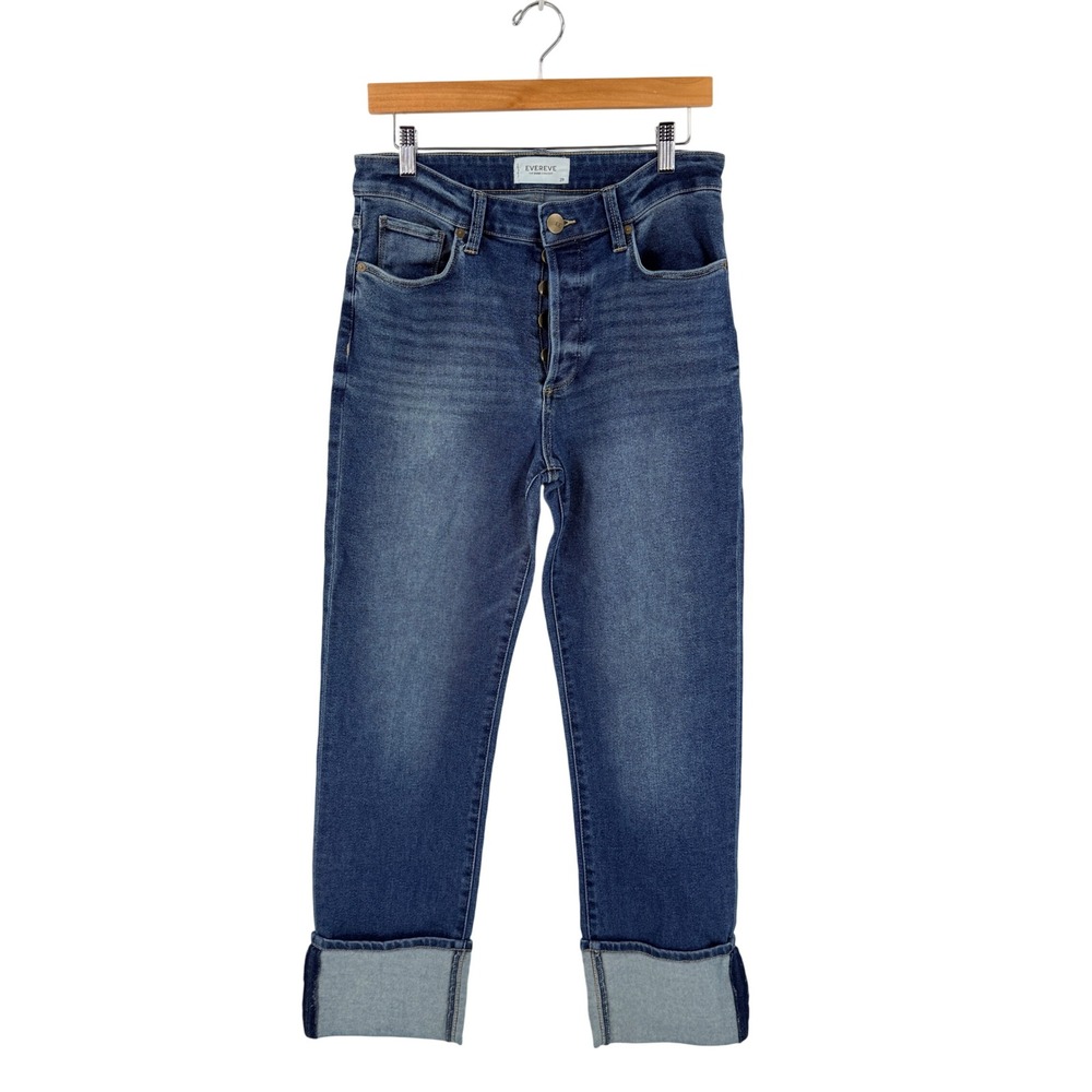 Evereve The Ever Straight Jeans Blue 29 High Rise Cuffed Button Fly Denim
